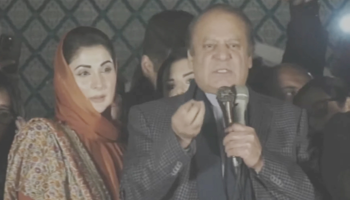 PML-N supremo Nawaz Sharif addressing a crowd in Lahore’s Model Town, on February 9, 2024, in this still taken from a video. — Geo News