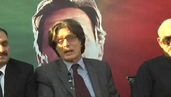 PTI spokesperson Raoof Hasan addressing a press conference in Islamabad on February 13, 2024. — GeoNews