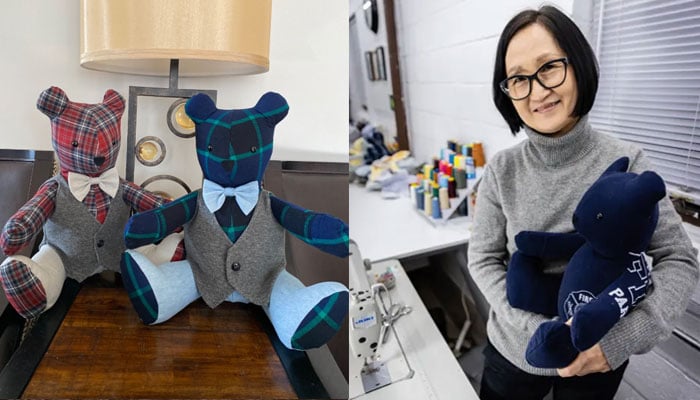 Two bears made by JinBears LLC (left) and founder Jin Kim with a bear in her hand(right).—JinBearsLLC