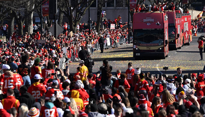 Kansas City Chiefs players celebrate during the victory parade on Wednesday. — AFP