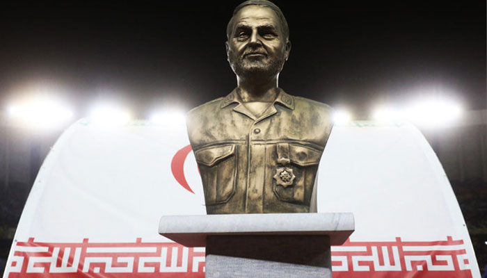 A bust of slain Iranian Revolutionary Guards commander Qasem Soleimani is displayed before the AFC Champions League Group C match between Iran’s Sepahan and Saudi Arabia’s Al-Ittihad on Oct 2, 2023, which resulted in the game’s cancellation. —AFP