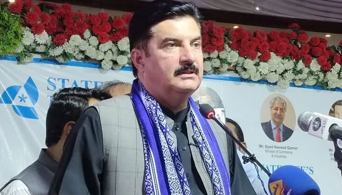 This photograph posted on August 8, 2023 shows the Central Information Secretary of Pakistan Peoples Party Faisal Karim Kundi speaking at a public gathering in Dera Ismail Khan. — Facebook/Faisal Karim Kundi