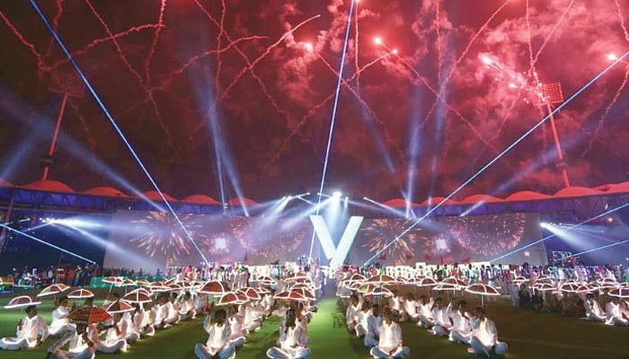 A general view as fireworks explode during the opening ceremony of the Pakistan Super League 2020 at the National Stadium. — PPI/File