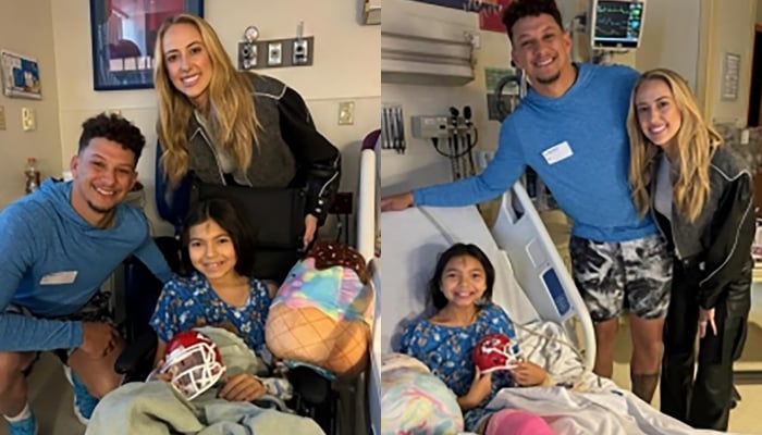 This combination of images shows Kansas City Chiefs quarterback Patrick Mahomes and his wife Brittany Mahomes visiting two sisters at Children’s Mercy Hospital after being shot during the Chiefs Super Bowl parade earlier this week. — ABC News via Reyes family