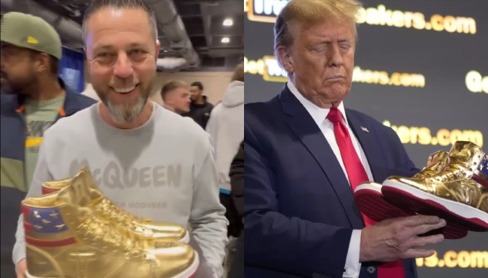 This combination of images shows a screengrab of a video where the CEO of Luxury Bazaar Roman Sharf (left) talks to a crowd showing his Trump sneakers and Donald Trump holding the sneakers on stage at Sneaker COn in Philadelphia, US, on February 18, 2024. — X/@JackPosobiec, AFP/File