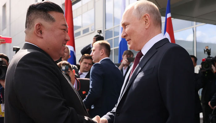 Russian President Vladimir Putin shakes hands with North Korean leader Kim Jong Un at the Vostochny Сosmodrome in Russias far eastern Amur region on September 13, 2023. — Reuters