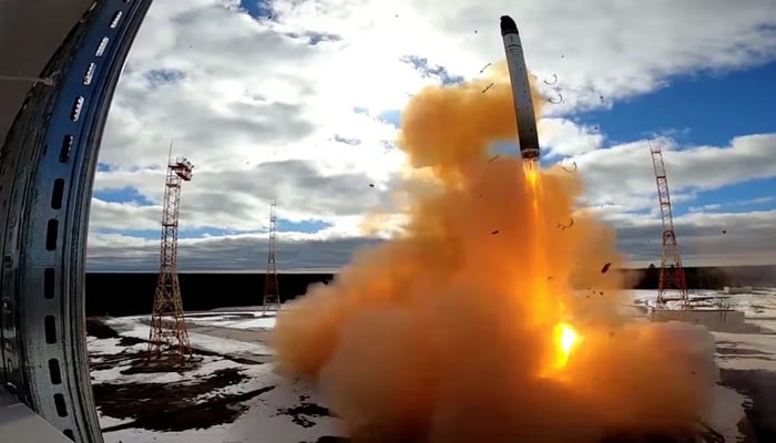 The Russian military conducts a test launch of a Sarmat intercontinental ballistic missile at the Plesetsk cosmodrome in the Arkhangelsk region, Russia, in this still image released April 20, 2022. – Reuters