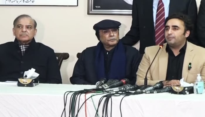 (Left to right) PML-N President Shehbaz Shehbaz, PPP Co-chairman Asif Ali Zardari, and PPP Chairman Bilawal Bhutto-Zardari during a press conference in Islamabad, on February 21, 2024, in this still taken from a video. — Geo News