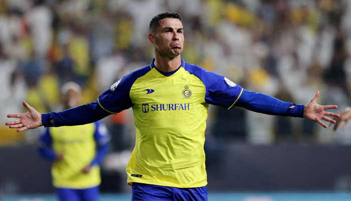 Soccer Football - Saudi Pro League - Al Nassr v Al Shabab - KSU Stadium, Riyadh, Saudi Arabia - May 23, 2023 Al Nassrs Cristiano Ronaldo celebrates scoring their third goal.—Reuters