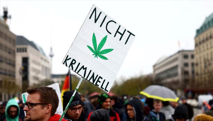 A protester holds a placard saying ‘not criminal’ at a demonstration calling for the legalisation of cannabis in Germany. —Reuters