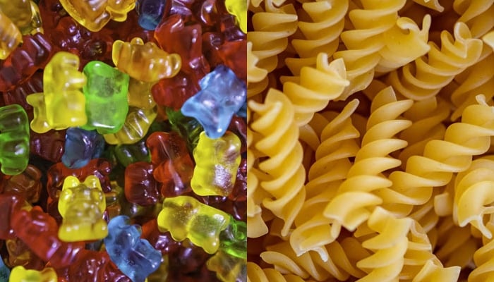 The image shows candies and pasta. — Unsplash