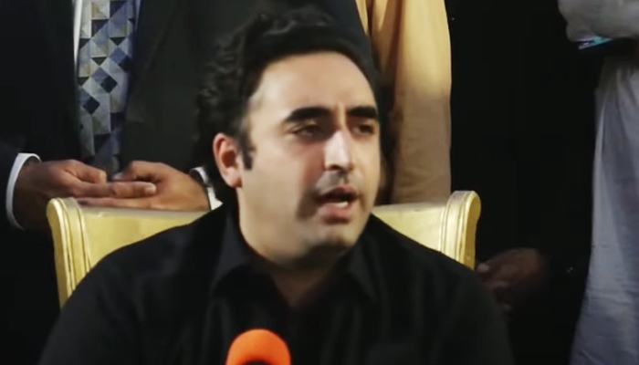 PPP Chairman Bilawal Bhutto-Zardari addresses the press conference in Karachi on February 24, 2024, in this still taken from a video. — Geo News