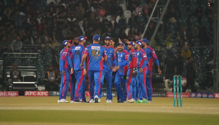 Karachi Kings players celebrate victory at the Gaddafi Stadium in Lahore on February 24, 2024. — PSL