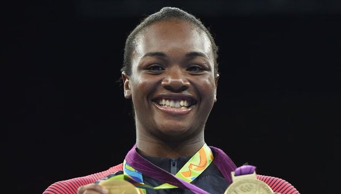 Claressa Shields during the medal presentation ceremony following the women’s middleweight final bout at the Riocentro Pavilion 6 in Rio de Janeiro. — AFP/File
