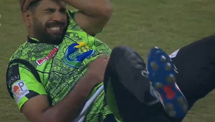 Haris Rauf reacts after bunglesome diving to take a catch on February 24, 2024. —thePSLt20/X/Screengrab