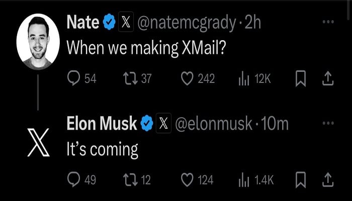 A screengrab of an X post showing Elon Musks confirmation that XMail is coming. —X@elonmusk
