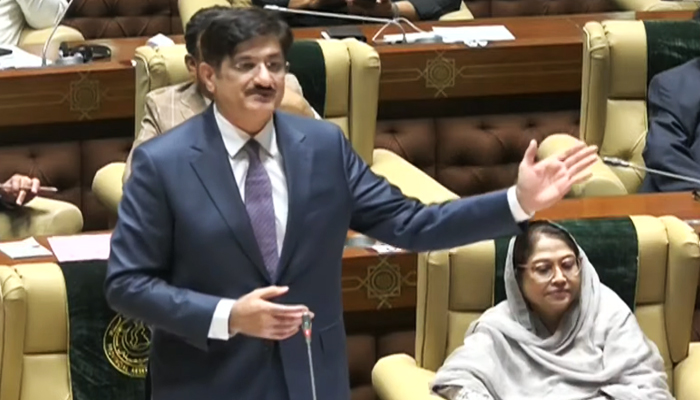 Sindh CM-elect Murad Ali Shah speaks on the floor of the Sindh Assembly in Karachi, on February 26, 2024, in this still taken from a video. — Geo News