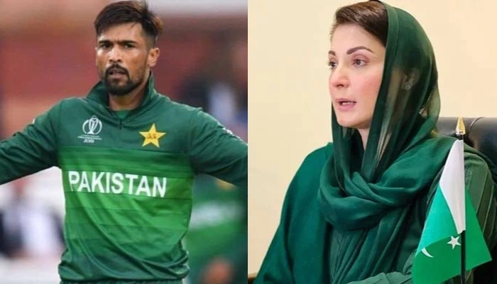 Pakistan fast bowler Mohammad Amir (left) and newly-elected Punjab Chief Minister Maryam Nawaz. — AFP/X/File