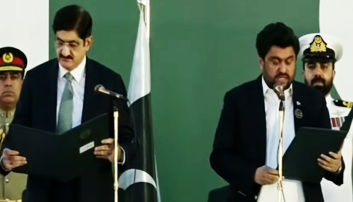 Sindh Chief Minister Murad Ali Shah (left) takes oath of office in this still taken from a video on February 27, 2024. — YouTube/GeoNews
