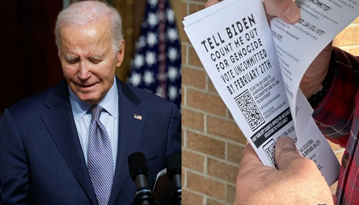 US President Joe Biden in the White House campus in Washington, US on October 11, 2023 (left) and Khalid Turaani distributed flyers on Monday encouraging people not to vote for Joe Biden (right) .—Reuters