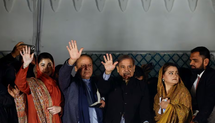 Former PM Nawaz Sharif, his daughter and politician Maryam Nawaz Sharif, his brother and former PM Shahbaz Sharif, and former Information Minister Marriyum Aurangzeb gesture as they gather at the party office of Pakistan Muslim League at Model Town in Lahore, Pakistan, February 9, 2024. — Reuters