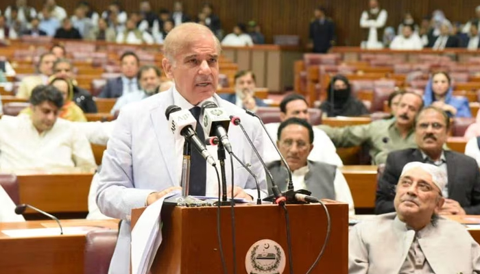 PM-elect Shehbaz Sharif speaks after winning a parliamentary vote to elect a new prime minister, at the national assembly, in Islamabad, Pakistan April 11, 2022. — Reuters