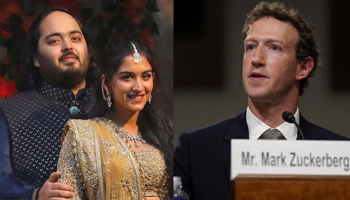 Anant Ambani and Radhika Merchant at their engagement party on January 19, 2023 (left) and Metas CEO Mark Zuckerberg.—Reuters