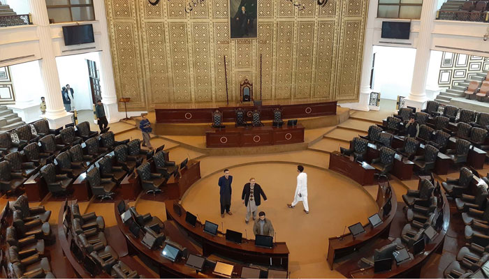 A view of the Khyber Pakhtunkhwa Assembly being readied for the provincial session to administer oaths to newly elected legislators, in Peshawar on February 15, 2024. — PPI