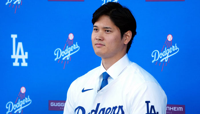 Dec 14, 2023; Los Angeles, CA, USA; Los Angeles Dodgers player Shohei Ohtani is introduced at a press conference at Dodger Stadium. — USA TODAY Sports