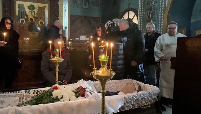 A view shows a coffin with the body of Russian opposition politician Alexei Navalny at the Soothe My Sorrows church during a funeral service and a farewell ceremony in Moscow, Russia, in this still image taken from video, March 1, 2024. — Reuters