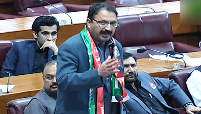 Sunni Ittehad Council’s (SIC) lawmaker Junaid Akbar addresses the National Assembly in this still taken from a video on March 1, 2024. — YouTube/PTV Parliament
