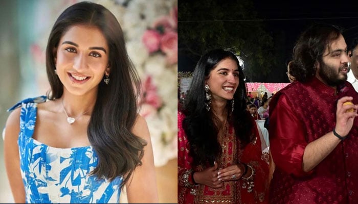 Radhika Merchant in a solo portrait (left) and with her fiance Anant Ambani.(right). —Instagram@radhika.merchant_/Reuters