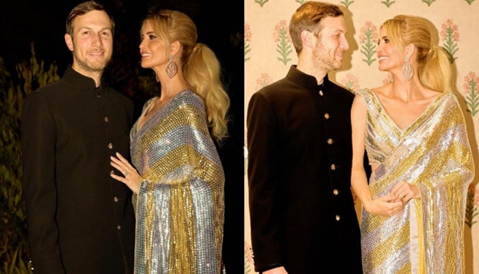 This combination of images shows Ivanka Trump (right) in a sequined saree posing with her husband Jared Kushner. — Instagram/@ivankatrump