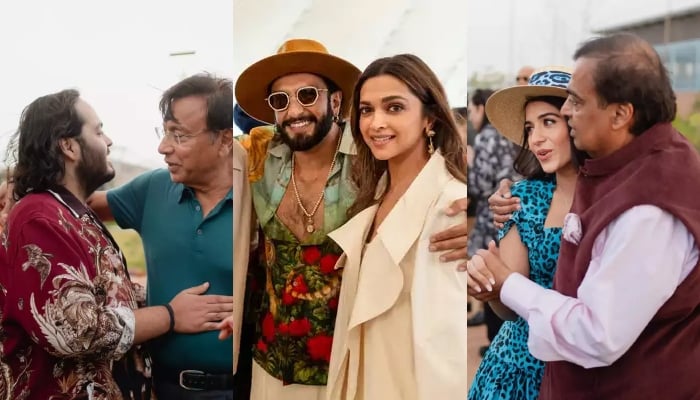 A collage of pictures on Anant Ambani (left), Bollywood couple Ranveer Singh and Deepika Padukone (centre) and Radhika Merchant with Mukesh Ambani (right). — Times of India