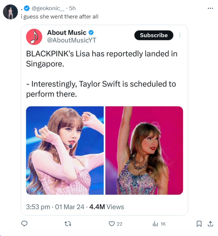 BLACKPINK Lisa unexpectedly attends Taylor Swift Singapore concert