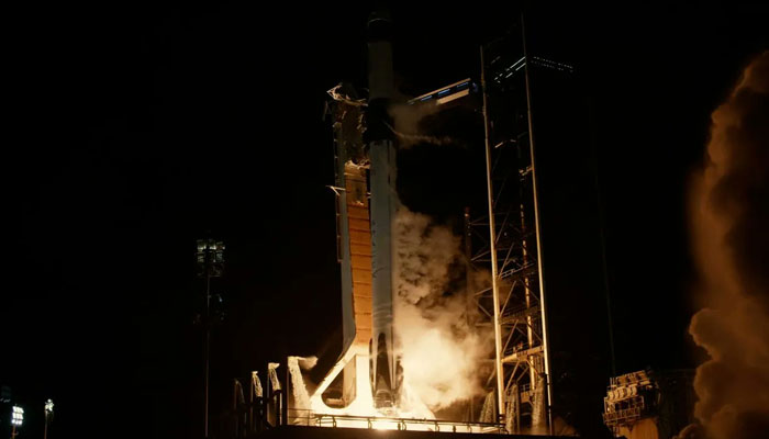 A screengrab of the launch showing the Falcon 9 rocket carrying Endeavor and Crew 8, initiating lift-off at the Nasas Kennedy Space Center, Cape Canaveral, Florida, US on March 3, 2024. — X/@NASA