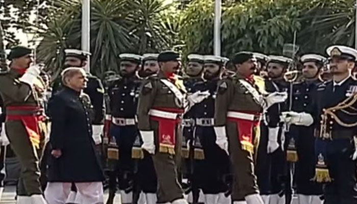 Prime Minister Shehbaz Sharif is being presented with the guard of honour. — YouTube screengrab/Geo News Live