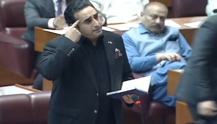 PPP Chairman Bilawal Bhutto Zardari speaks during a National Assembly session, on March 4, 2024, in this still taken from a video. — YouTube/PTVParliament