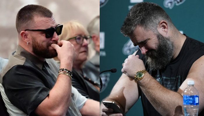 Travis Kelce wipes tears during brother Jasons emotional speech