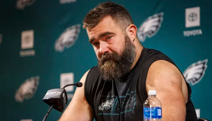 Ateary eyed Jason Kelce during his retirement announcement at the Eagles facility on March 4, 2024. — Philadelphia Inquirer