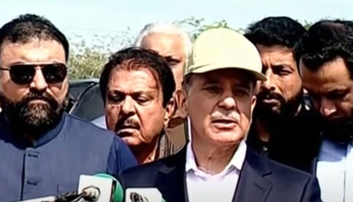 PM Shehbaz Sharif speaking to the media in Gwadar, Balochistan on March 5, 2024. — Screengrab/YouTube/Geo News Live