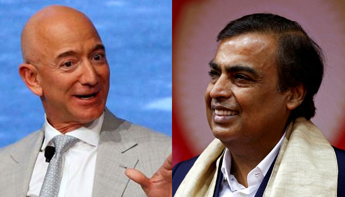 Jeff Bezos, founder of Amazon and Blue Origin (left) and Mukesh Ambani, Chairman and Managing Director of Reliance Industries (right).—Reuters/file