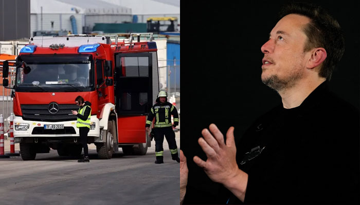 Fire brigade at Teslas German factory and Elon Musk (right).—Reuters