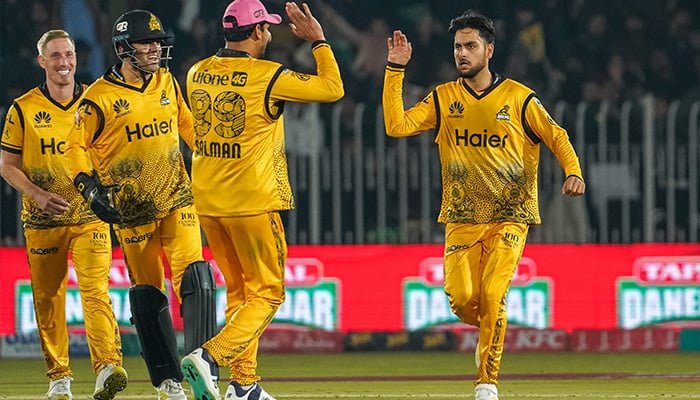 Peshawar Zalmi bowler Mehran Mumtaz celebrates his first PSL wicket during match against Multan Sultans on March 5, 2024. — PCB