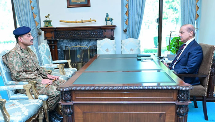 Prime Minister Shehbaz Sharif (right) and COAS General Asim Munir at the Prime Ministers House in Islamabad, on March 6, 2024. — PM Office