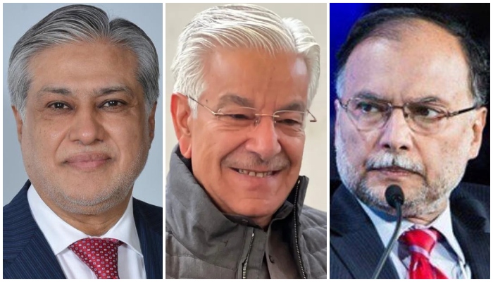 PML-N central leader Ishaq Dar (left), Khawaja Asif (centre), and Ahsan Iqbal. — Facebook/IshaqDarofficial/khawajaAsifofficial/ahsaniqbal.pk