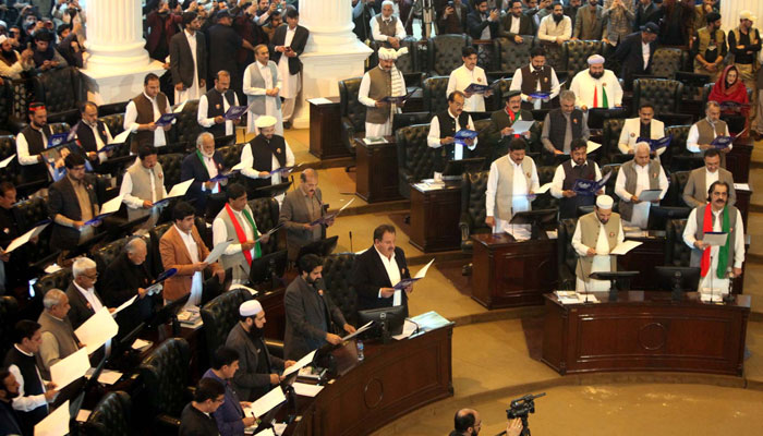 Members take oath during the first session of the Khyber Pakhtunkhwa Assembly in Peshawar on Wednesday on February 28, 2024. — PPI