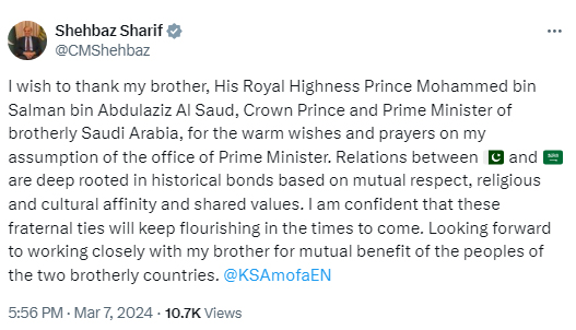 Prime Minister Shehbaz thanks world leaders, including Modi, for their congratulations on assuming office.