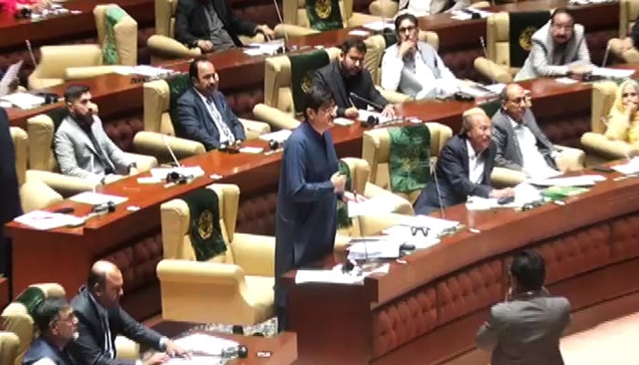 CM Murad Ali Shah tables the resolution to delcare late PPP founder ZA Bhutto National Democratic Hero in Sindh Assembly on March 7, 2024, in this still taken from a video. — Reporter