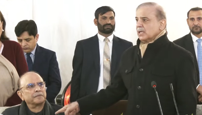 PPPs nominee for presidents slot Asif Ali Zardari (left) and Prime Minister Shehbaz Sharif (right) during a ceremony in Islamabad, on March 7, 2024, in this still taken from a video. — Geo News